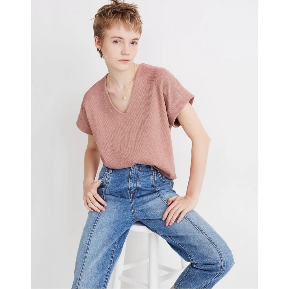 Madewell Ribbed Ottoman Jacquard V-Neck Boxy Short Sleeve Cotton Top size L